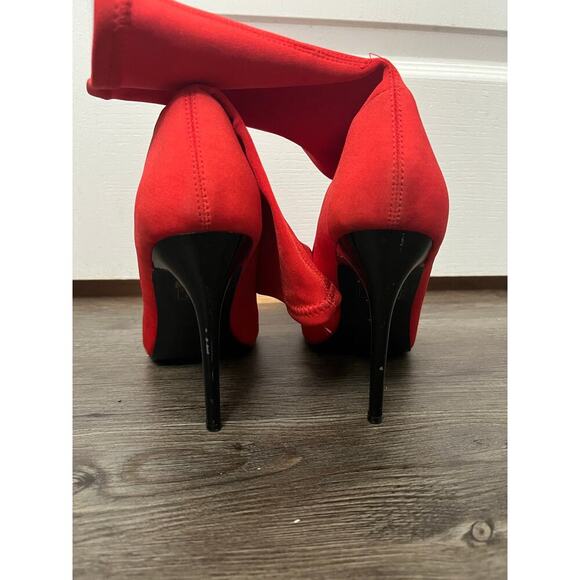 Woman's Bright red, pointed toe, sock boot, black heel. ￼ - Picture 3 of 4